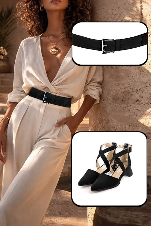 Dress heels closed-back crossed straps in matt black leather with  and  - Top view